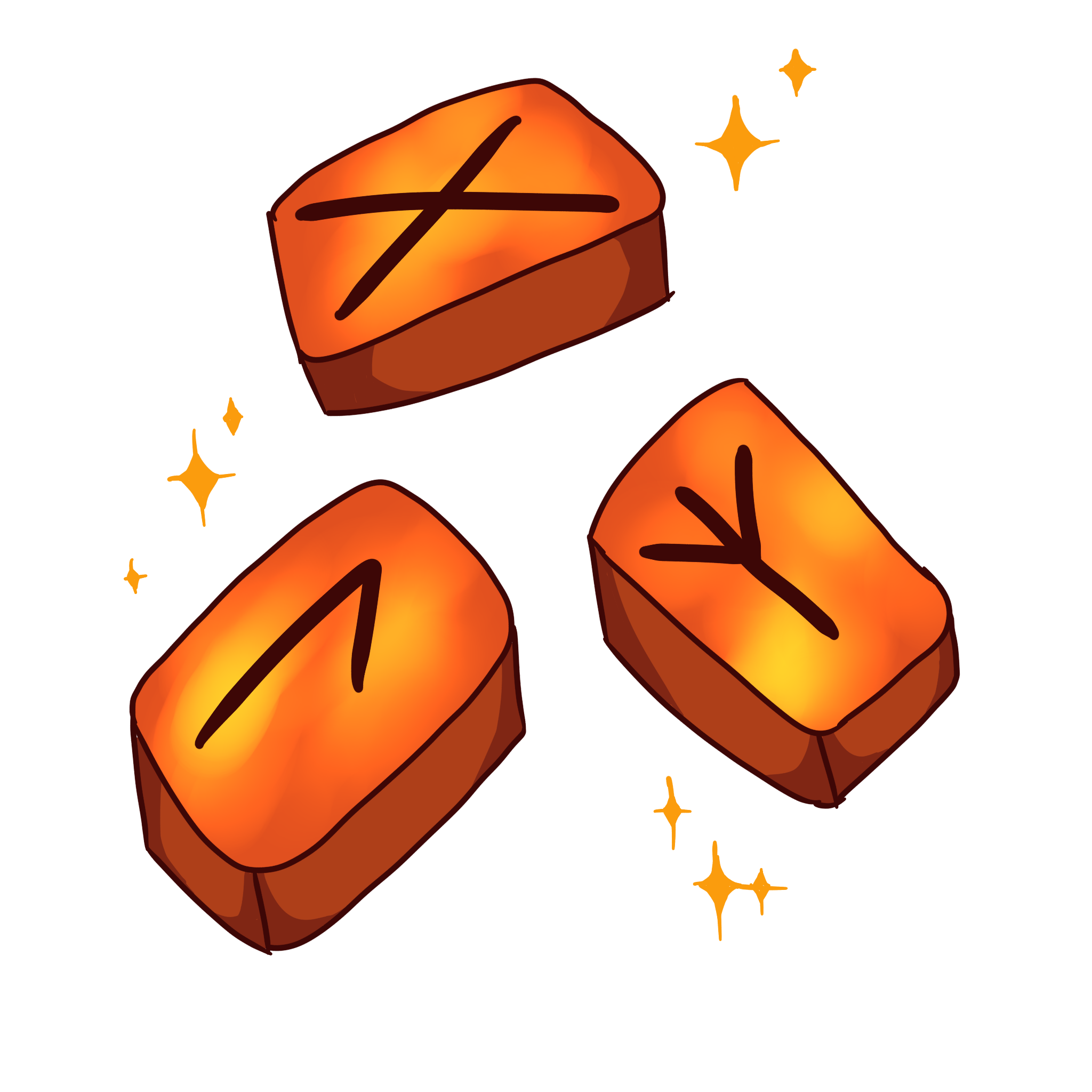 image of three orange runes, gebo, laguz and algiz, surrounded by sparkles.